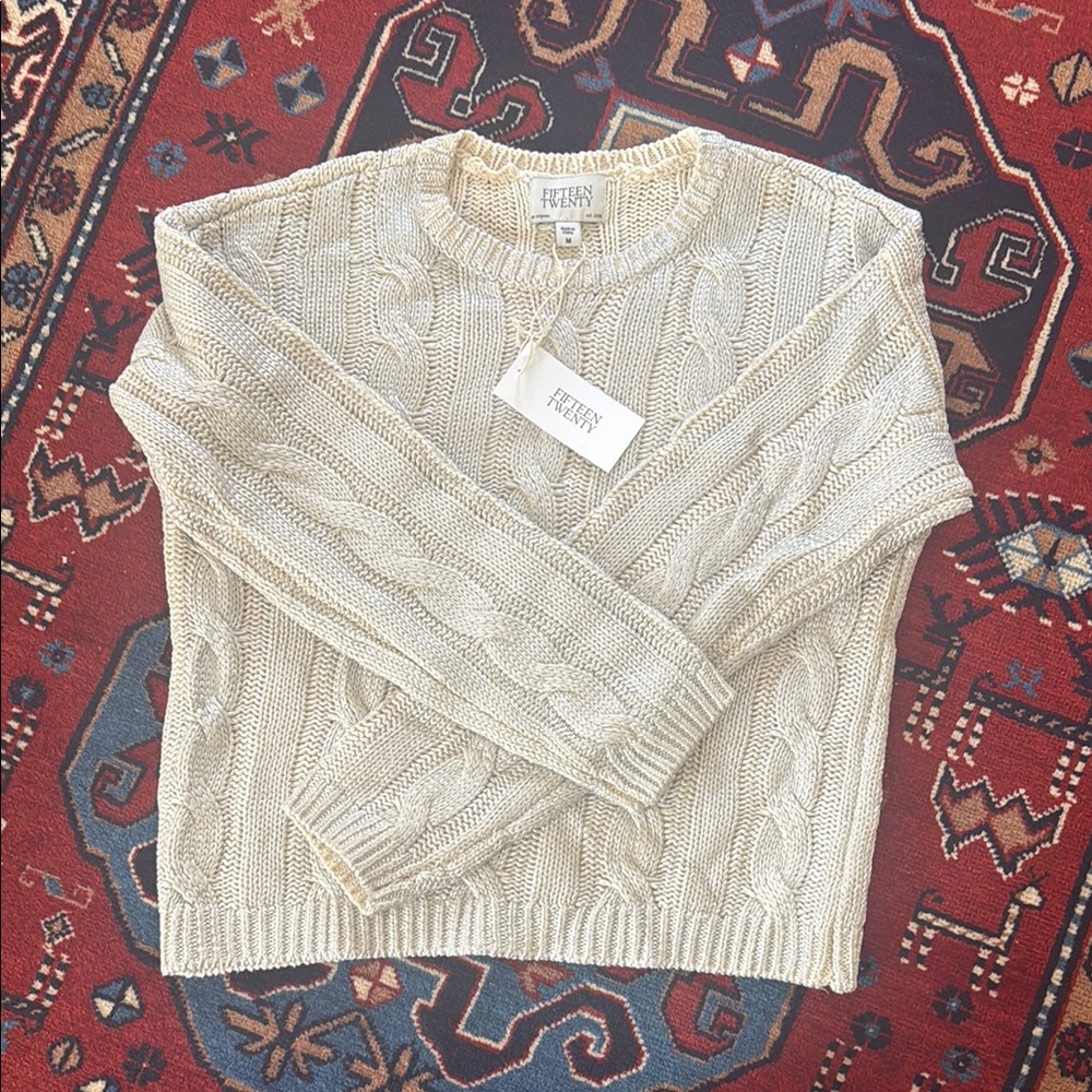 Fifteen Twenty Levie Metallic Cream Cable Knit Sweater NWT Size Medium